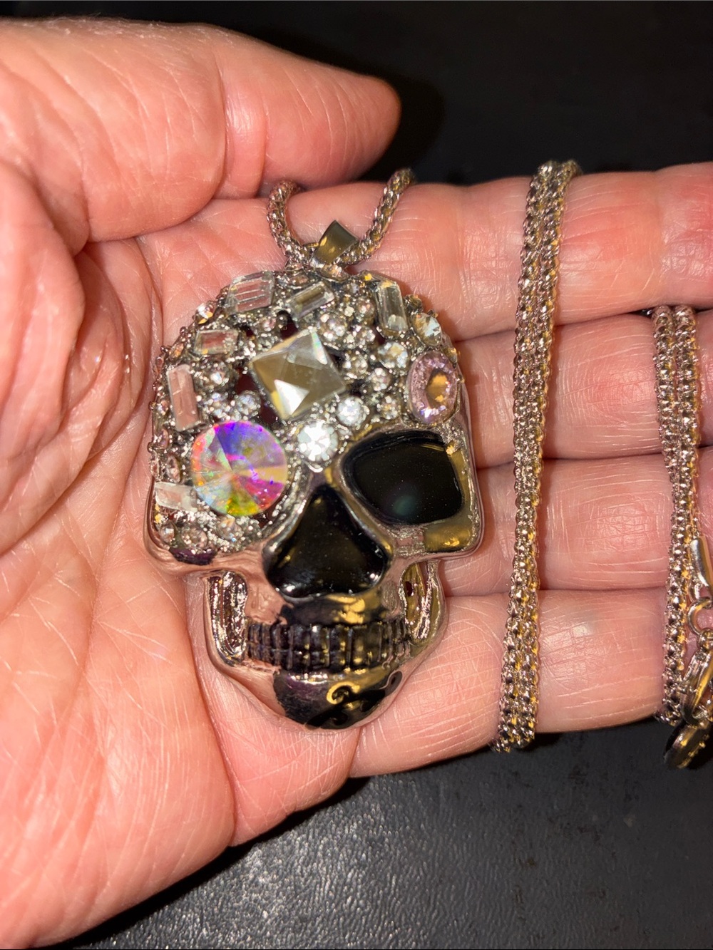 Embellished Crystal Skull Pendant Necklace - Black & Silver